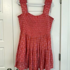 Free People Smocked Mini Dress Pink Orange Sun Print Size L
